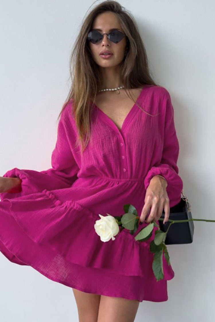 V-Neck Button Front Balloon Sleeve Tiered Ruffle Gauze Mini Dress