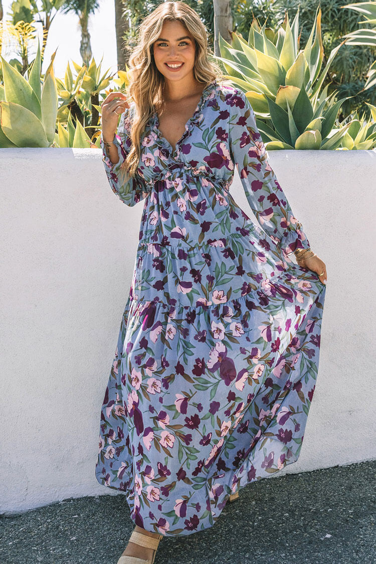 Floral Print Ruffle V Neck Long Sleeve Tiered Empire Waist Maxi Dress