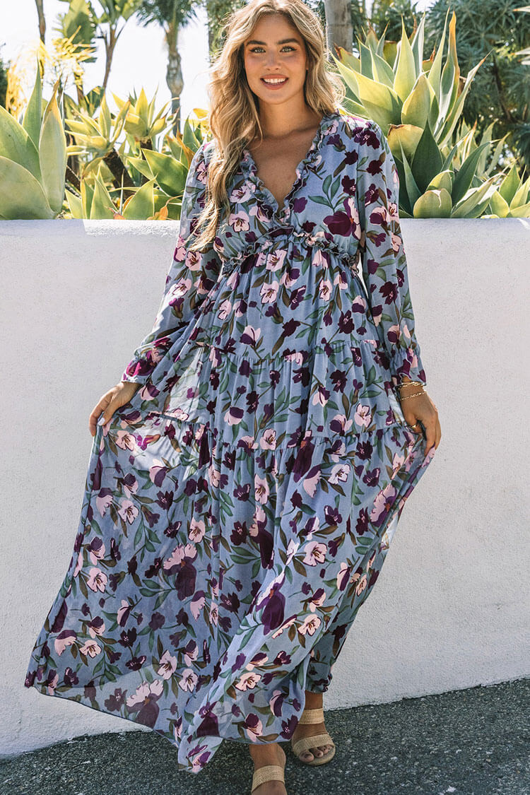 Floral Print Ruffle V Neck Long Sleeve Tiered Empire Waist Maxi Dress
