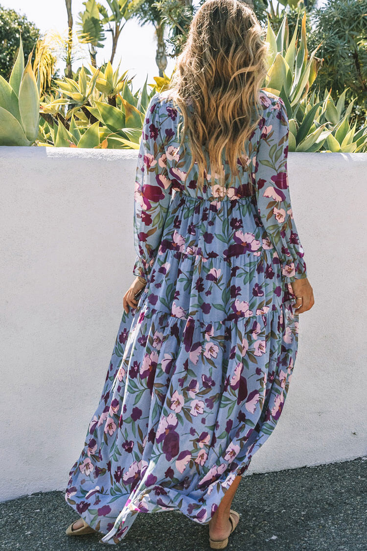 Floral Print Ruffle V Neck Long Sleeve Tiered Empire Waist Maxi Dress