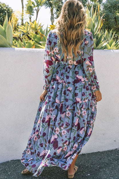 Floral Print Ruffle V Neck Long Sleeve Tiered Empire Waist Maxi Dress