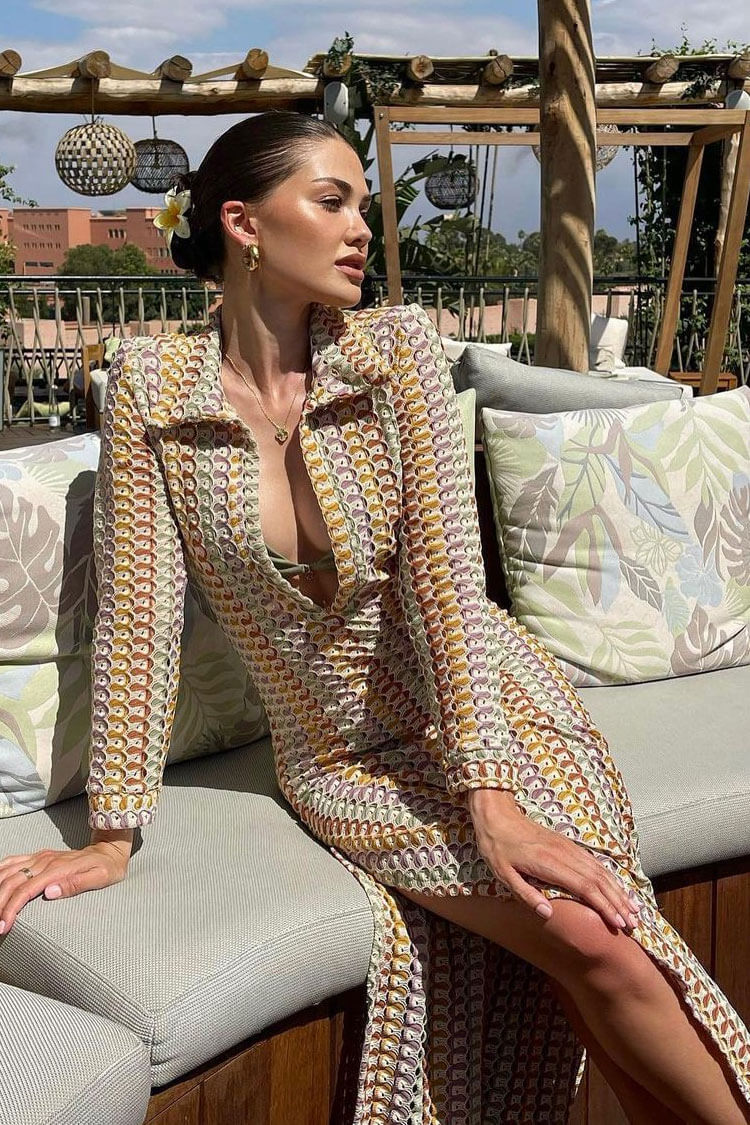 Collared Keyhole Cut Out Scallop Stripe Crochet Long Sleeve Maxi Dress