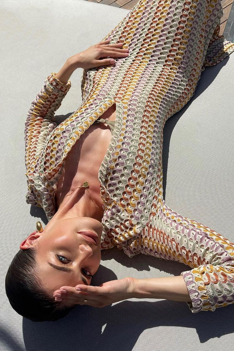 Collared Keyhole Cut Out Scallop Stripe Crochet Long Sleeve Maxi Dress