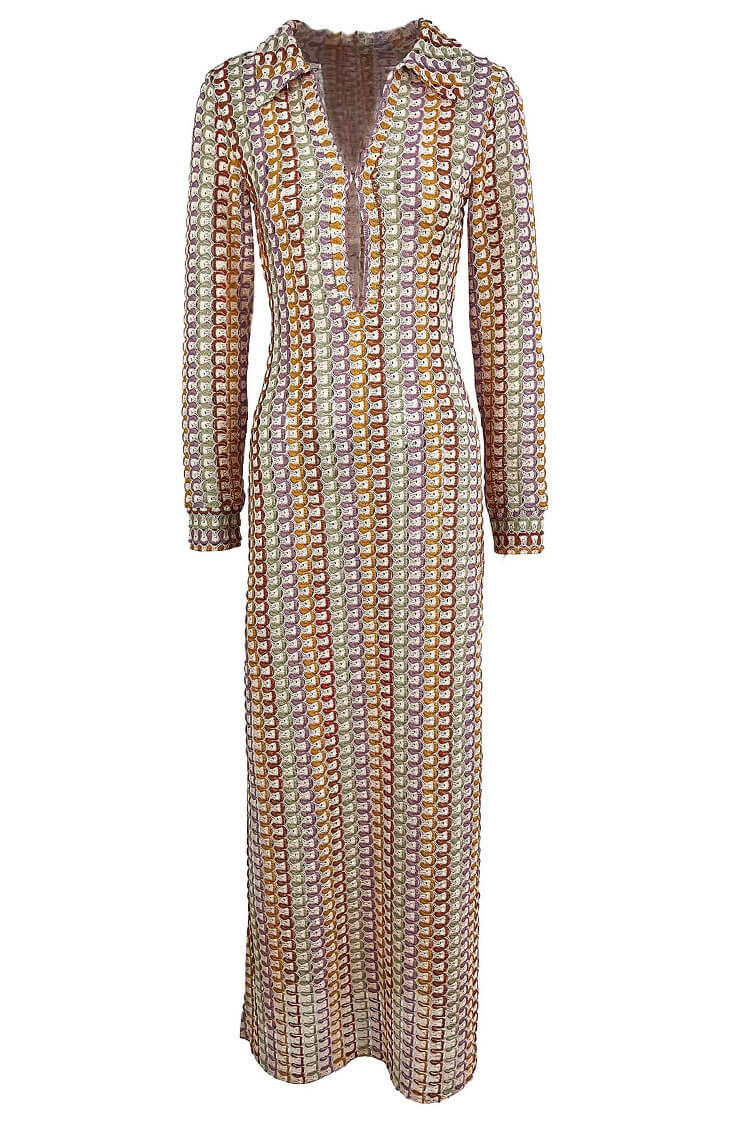 Collared Keyhole Cut Out Scallop Stripe Crochet Long Sleeve Maxi Dress