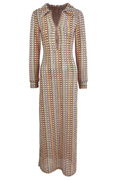 Collared Keyhole Cut Out Scallop Stripe Crochet Long Sleeve Maxi Dress