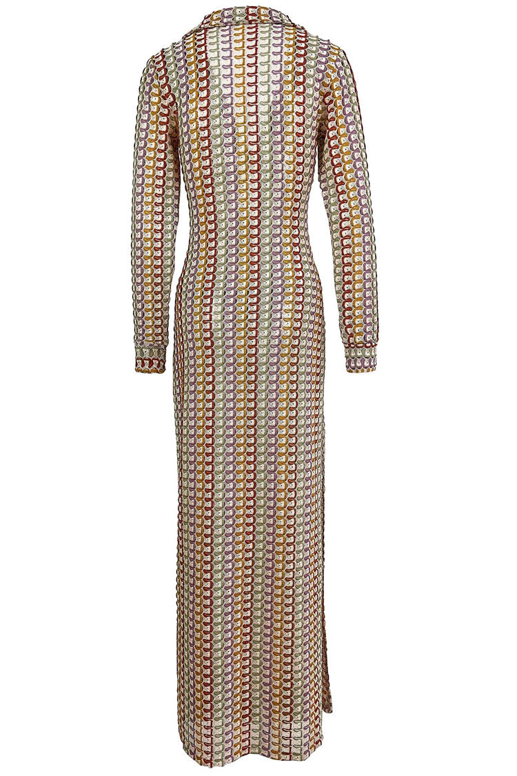 Collared Keyhole Cut Out Scallop Stripe Crochet Long Sleeve Maxi Dress