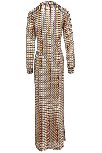 Collared Keyhole Cut Out Scallop Stripe Crochet Long Sleeve Maxi Dress