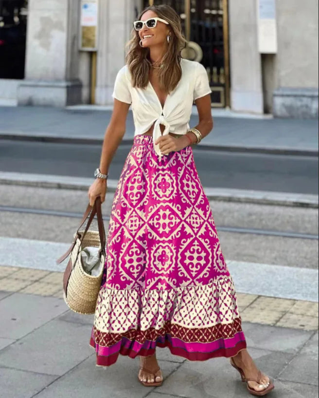 Boho Print High Waist Maxi Skirt Casual Loose Summer Skirt
