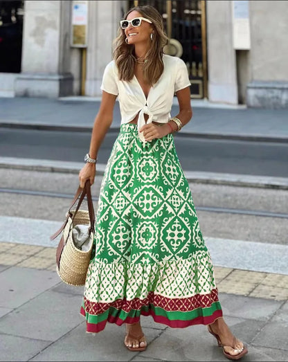 Boho Print High Waist Maxi Skirt Casual Loose Summer Skirt