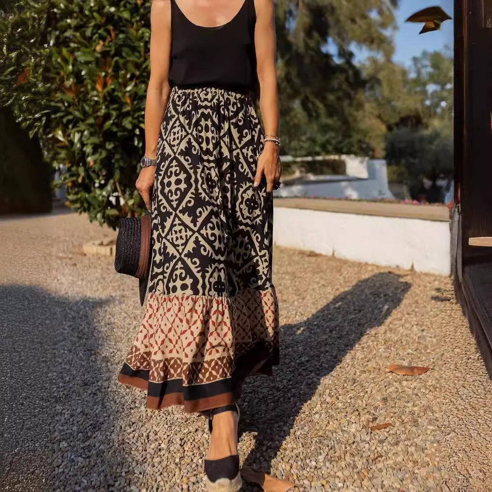 Boho Print High Waist Maxi Skirt Casual Loose Summer Skirt