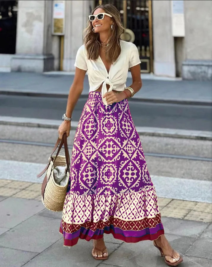 Boho Print High Waist Maxi Skirt Casual Loose Summer Skirt