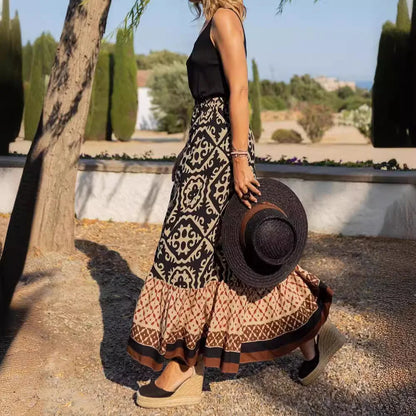 Boho Print High Waist Maxi Skirt Casual Loose Summer Skirt