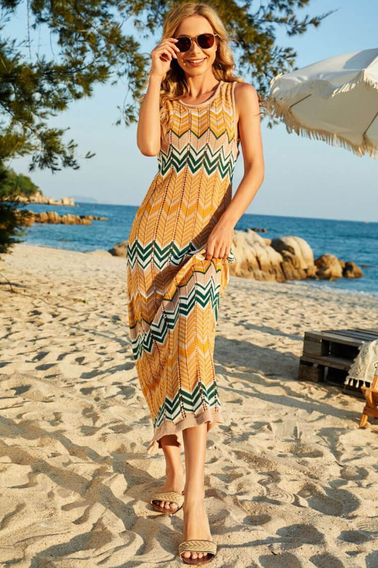 Chevron Stripe Crochet Knit Tank Sleeveless Maxi Dress