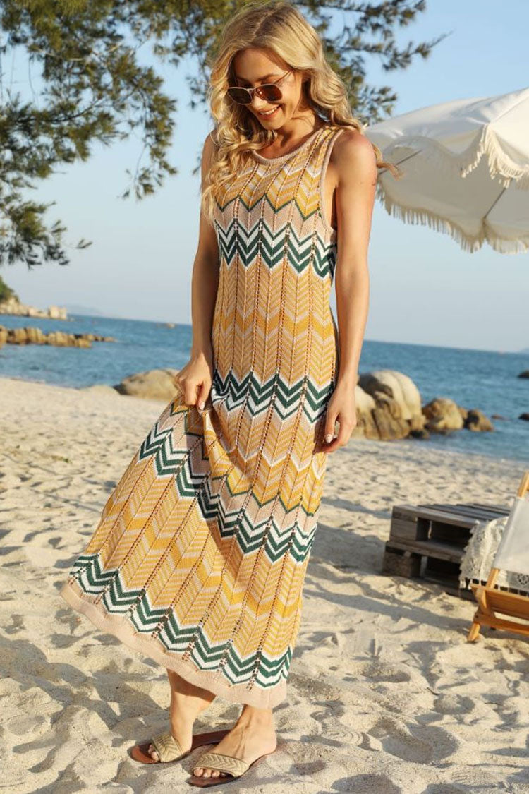 Chevron Stripe Crochet Knit Tank Sleeveless Maxi Dress