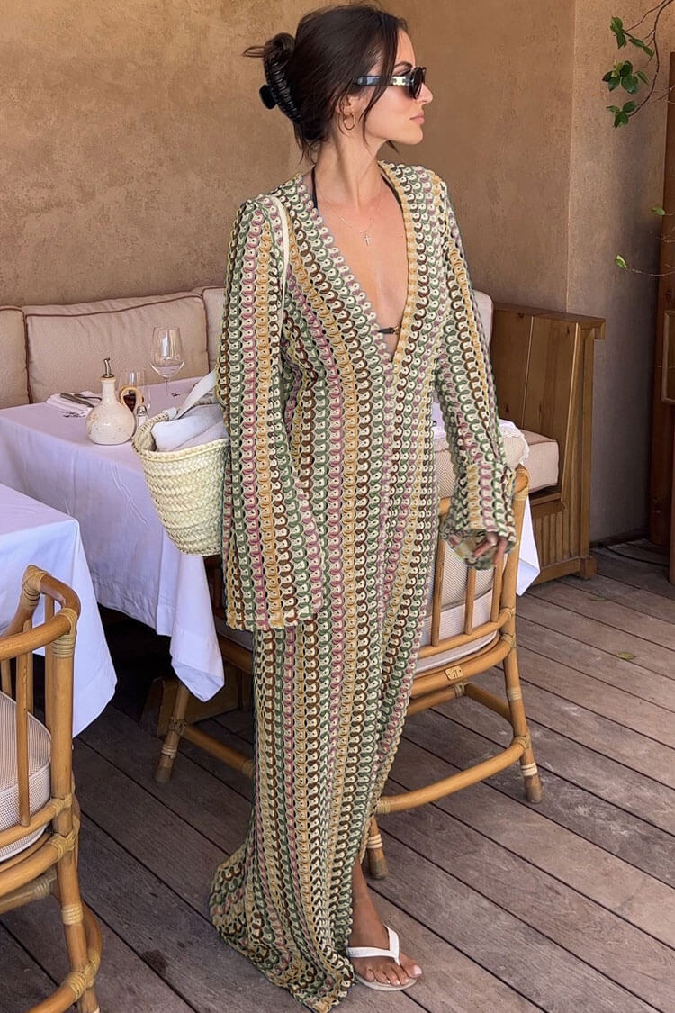 Crochet Stripe Bell Sleeve Deep V-Neck Maxi Dress