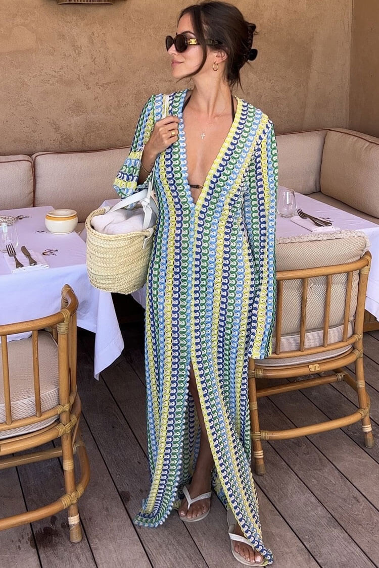 Crochet Scallop Deep V-Neck Long Sleeve Maxi Dress