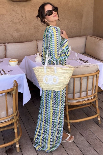 Crochet Scallop Deep V-Neck Long Sleeve Maxi Dress
