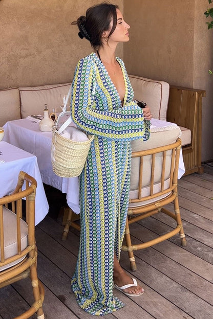 Crochet Scallop Deep V-Neck Long Sleeve Maxi Dress