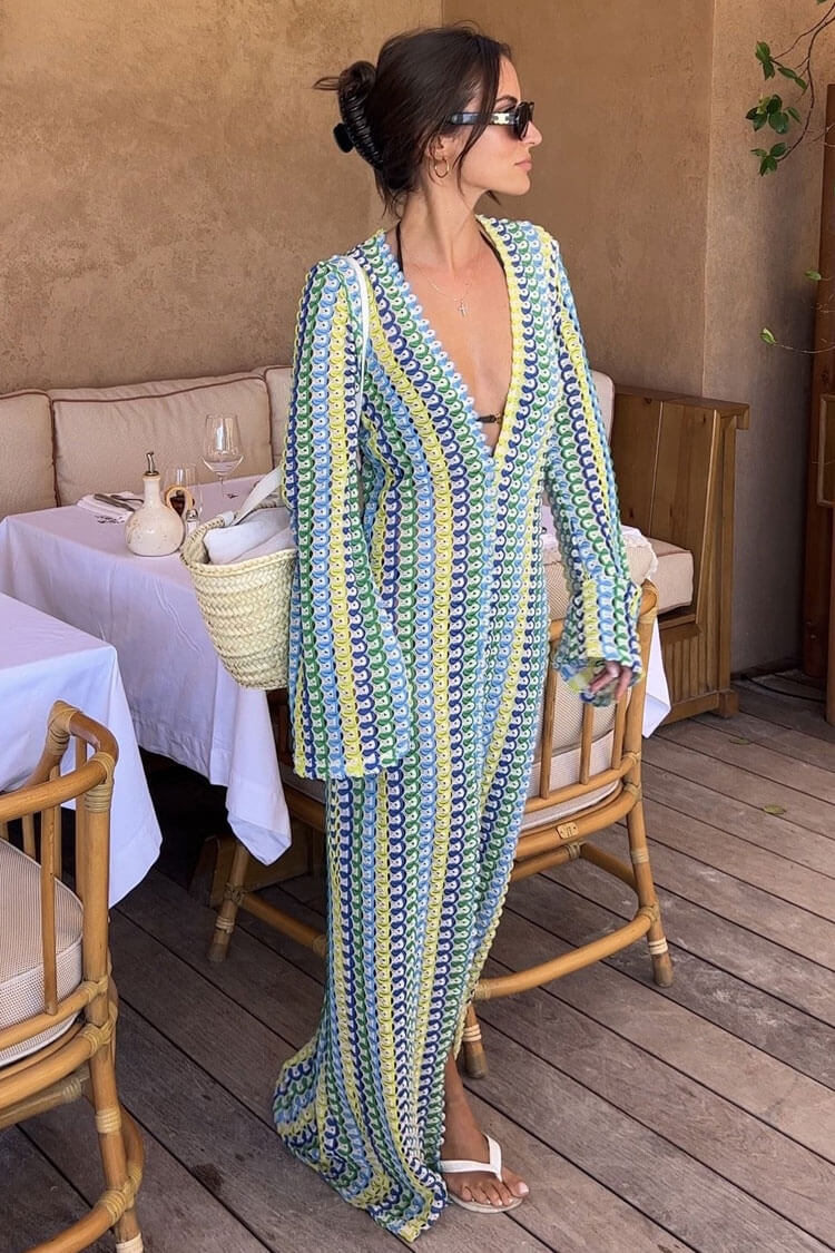 Crochet Scallop Deep V-Neck Long Sleeve Maxi Dress