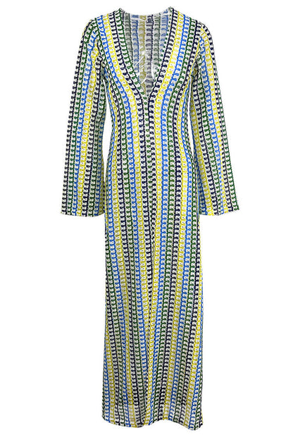 Crochet Scallop Deep V-Neck Long Sleeve Maxi Dress