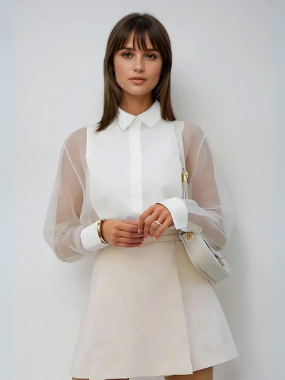 Puff Sleeve Lapel Organza Transparent Top