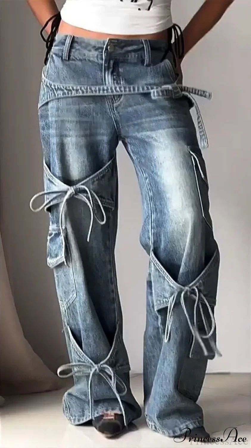 Bow Tie Strap Wide Leg Jeans