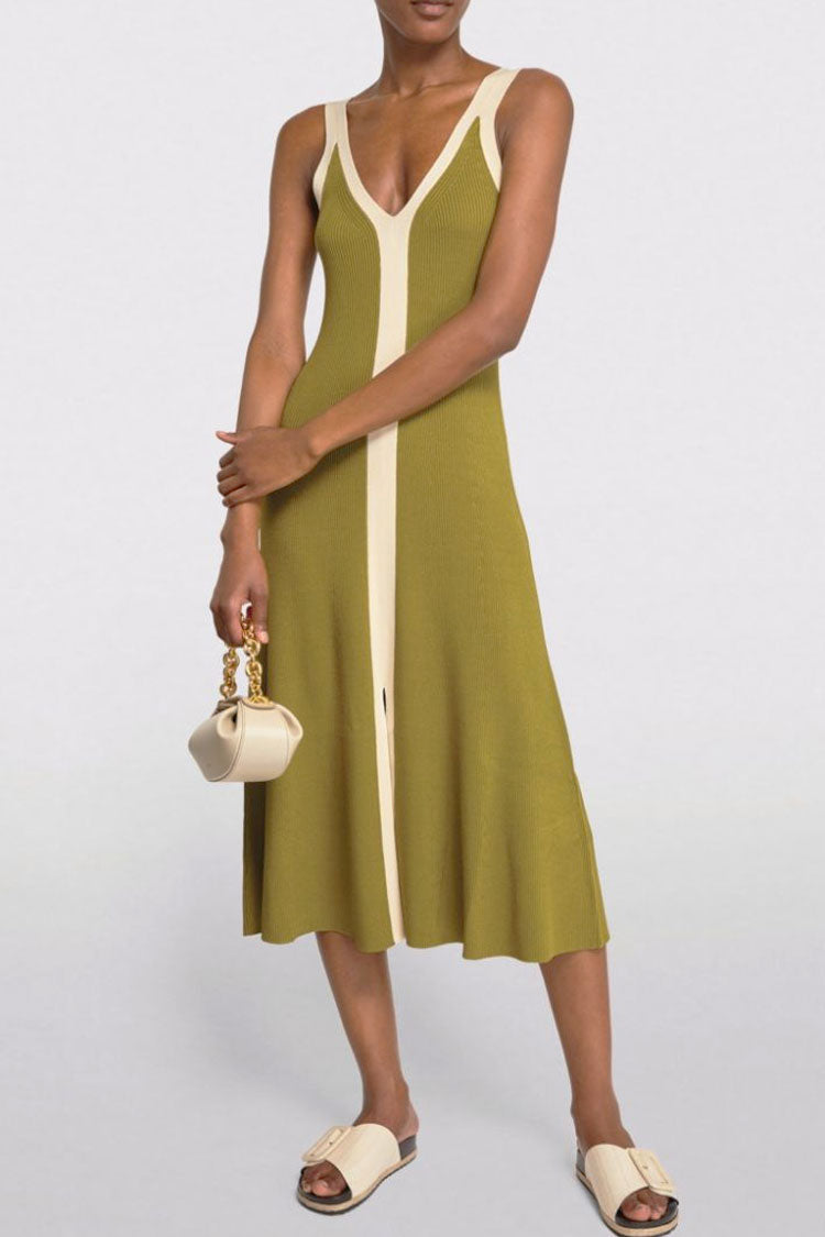 Rib Knit Contrast Trim Deep V Neck Sleeveless A-Line Midi Dress