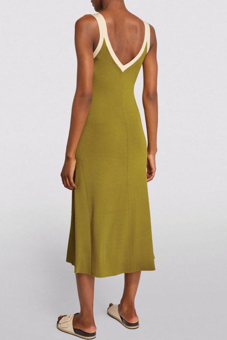 Rib Knit Contrast Trim Deep V Neck Sleeveless A-Line Midi Dress