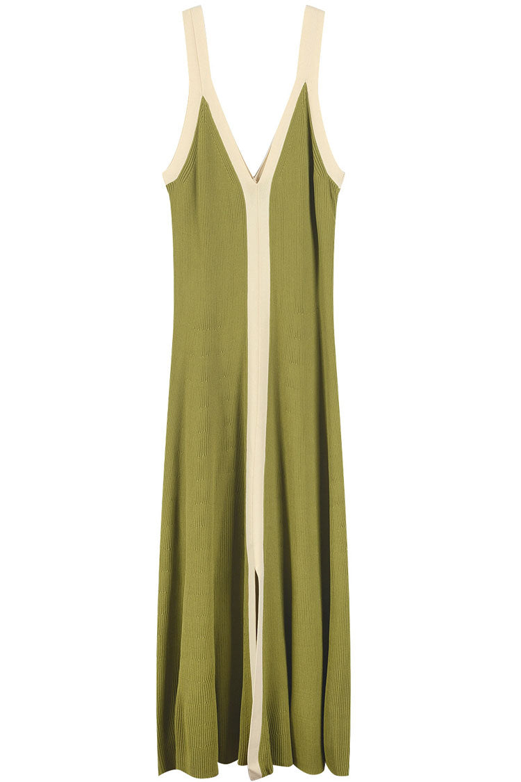 Rib Knit Contrast Trim Deep V Neck Sleeveless A-Line Midi Dress