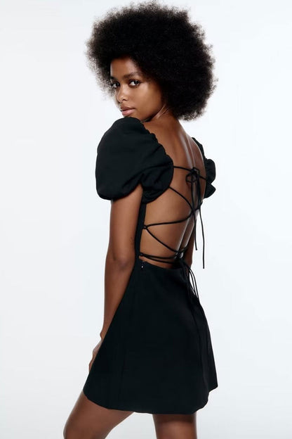 Square Neck Ruched Puff Sleeve Lace-Up Open Back Mini Dress