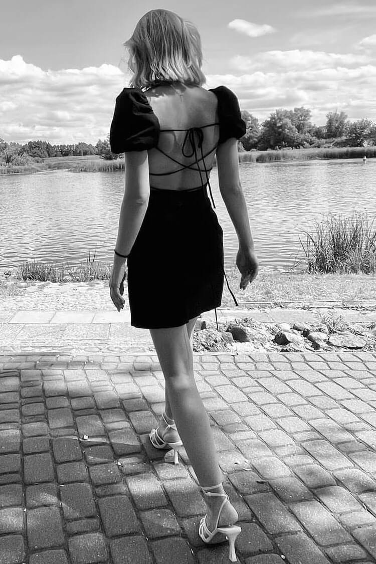 Square Neck Ruched Puff Sleeve Lace-Up Open Back Mini Dress