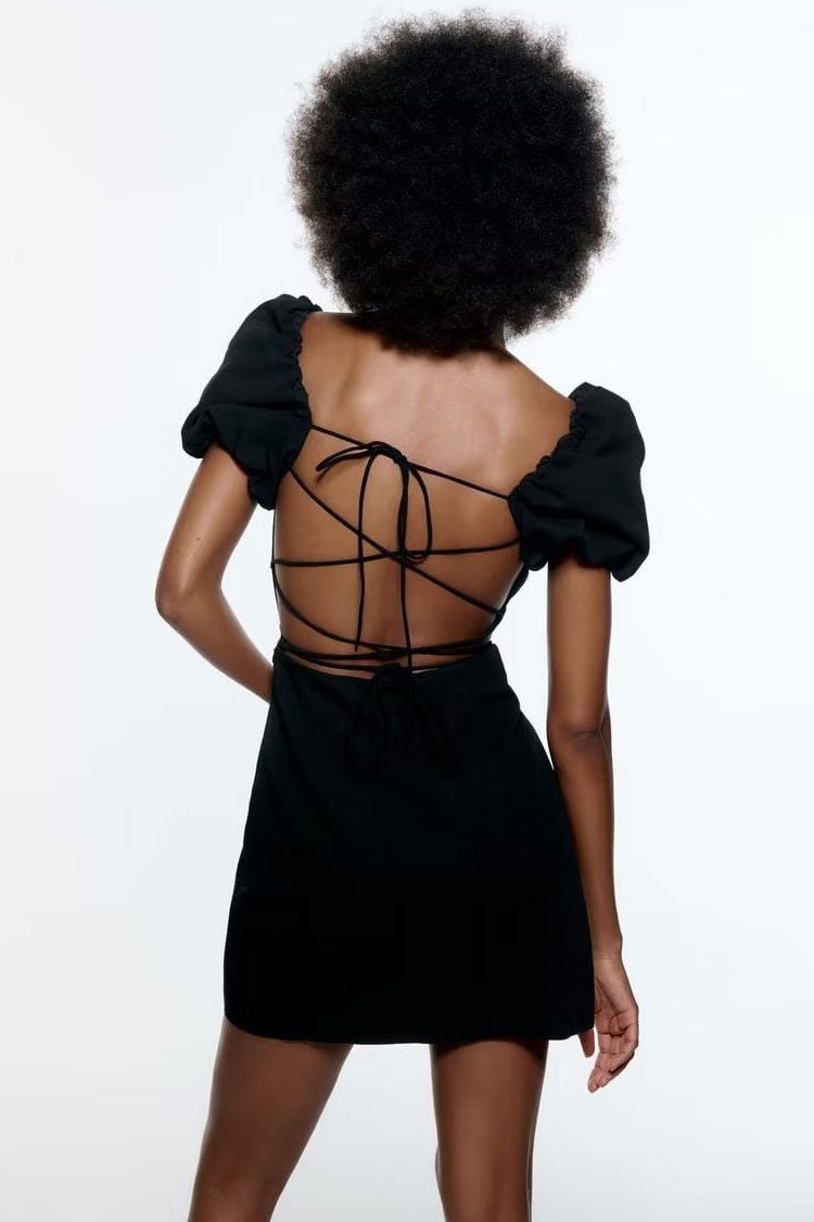 Square Neck Ruched Puff Sleeve Lace-Up Open Back Mini Dress
