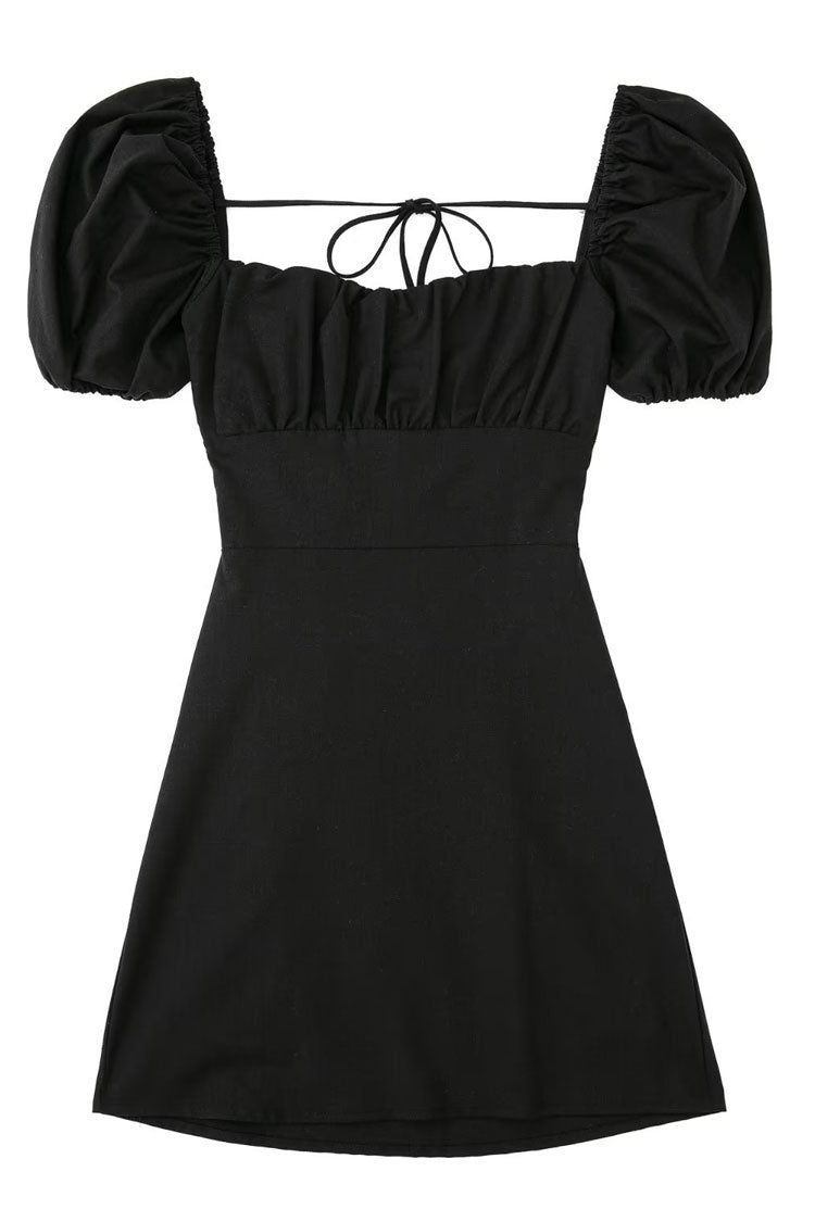 Square Neck Ruched Puff Sleeve Lace-Up Open Back Mini Dress