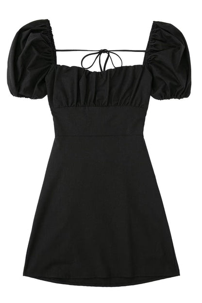 Square Neck Ruched Puff Sleeve Lace-Up Open Back Mini Dress