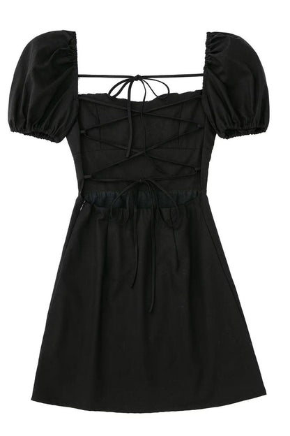 Square Neck Ruched Puff Sleeve Lace-Up Open Back Mini Dress