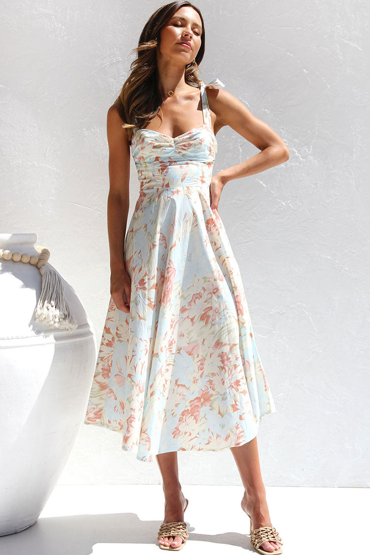Painterly Floral Print Tie Shoulder Bow Sweetheart Fit and Flare Midi Dress