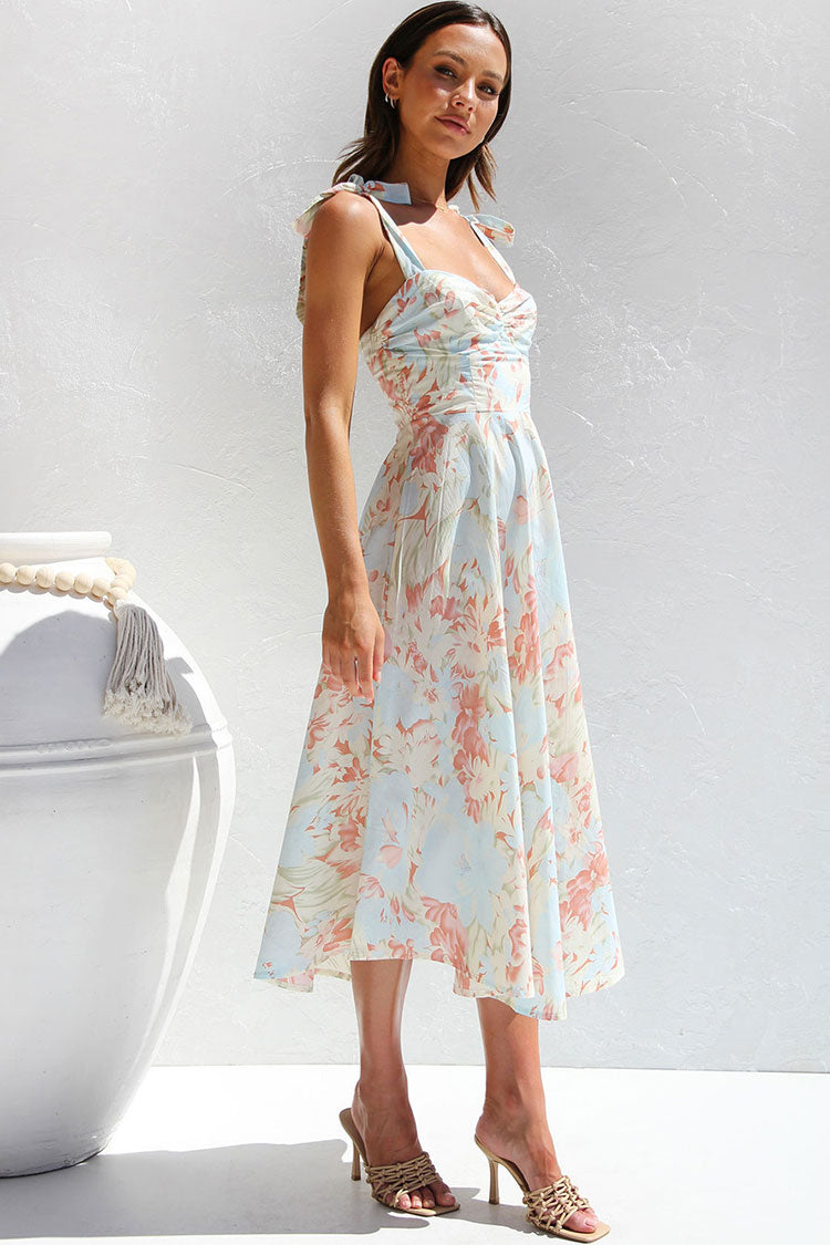 Painterly Floral Print Tie Shoulder Bow Sweetheart Fit and Flare Midi Dress