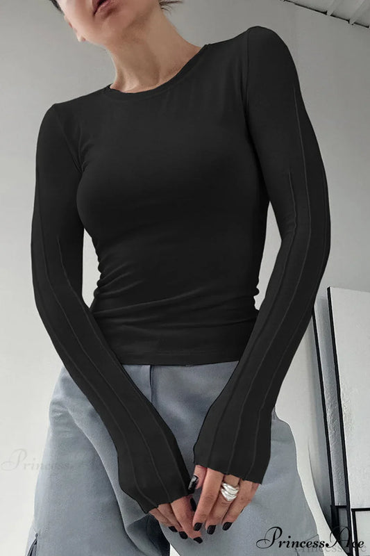 Brown Color Blocked Skinny Crew Neck Long Sleeve Tee