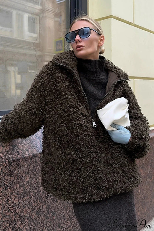 Brown Faux Fur Retro Thick Pullover Wool Coat