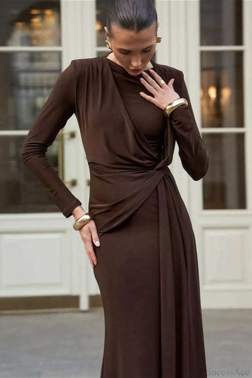 Brown Knit Round Neck Bodycon Maxi Dress