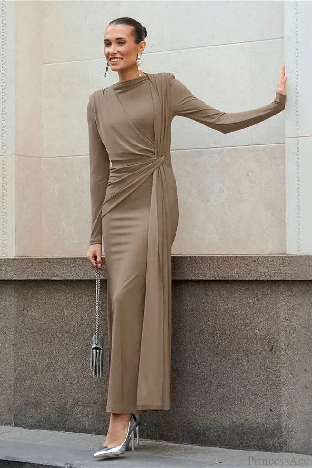 Brown Knit Round Neck Bodycon Maxi Dress