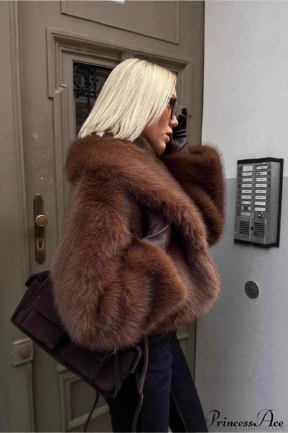 Brown Vintage Old Money Faux Fox Fur Short Coat