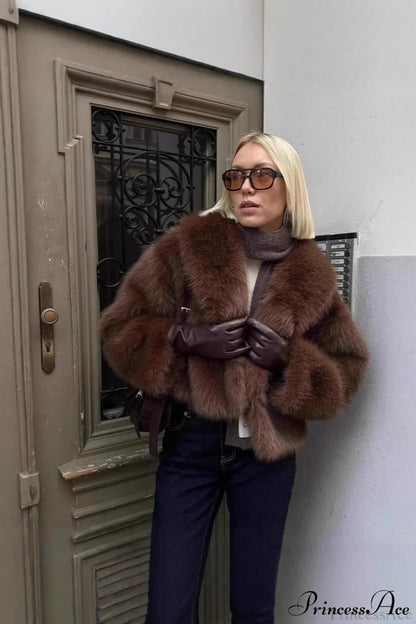 Brown Vintage Old Money Faux Fox Fur Short Coat