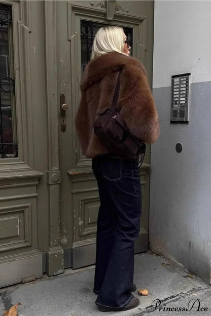 Brown Vintage Old Money Faux Fox Fur Short Coat