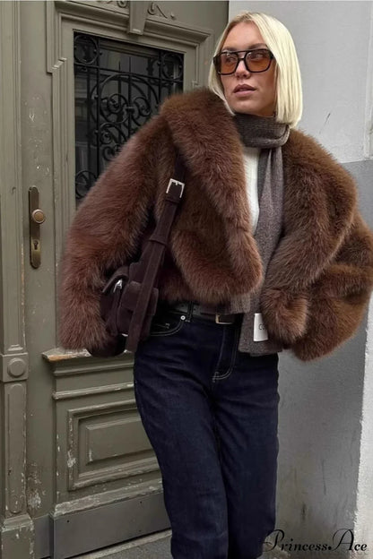 Brown Vintage Old Money Faux Fox Fur Short Coat