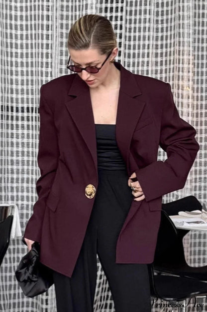 Burgundy Loose Tailored Professional Retro Coat