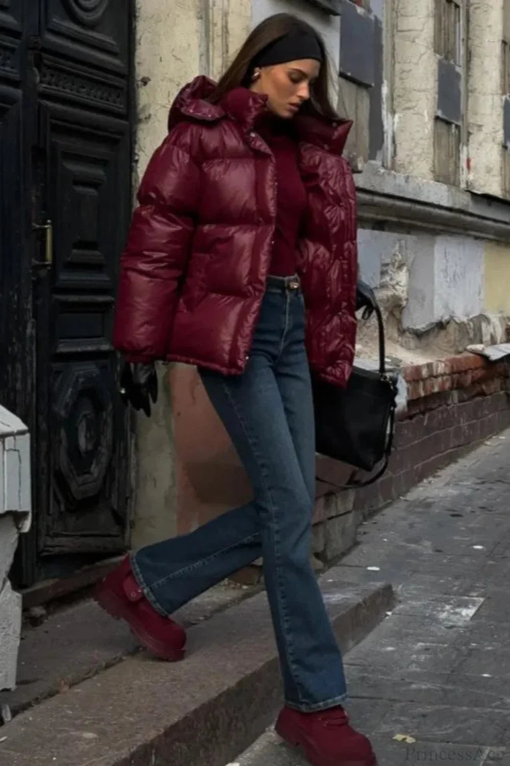 Burgundy Stand Collar Single Breasted Zipper Quilted Coat