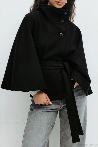 Button Up Stand Collar Cape Coat