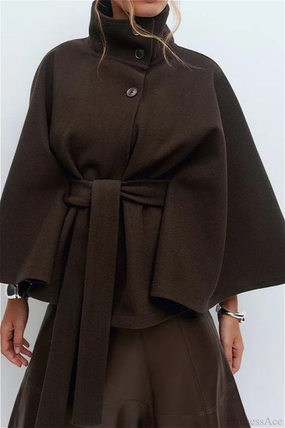Button Up Stand Collar Cape Coat