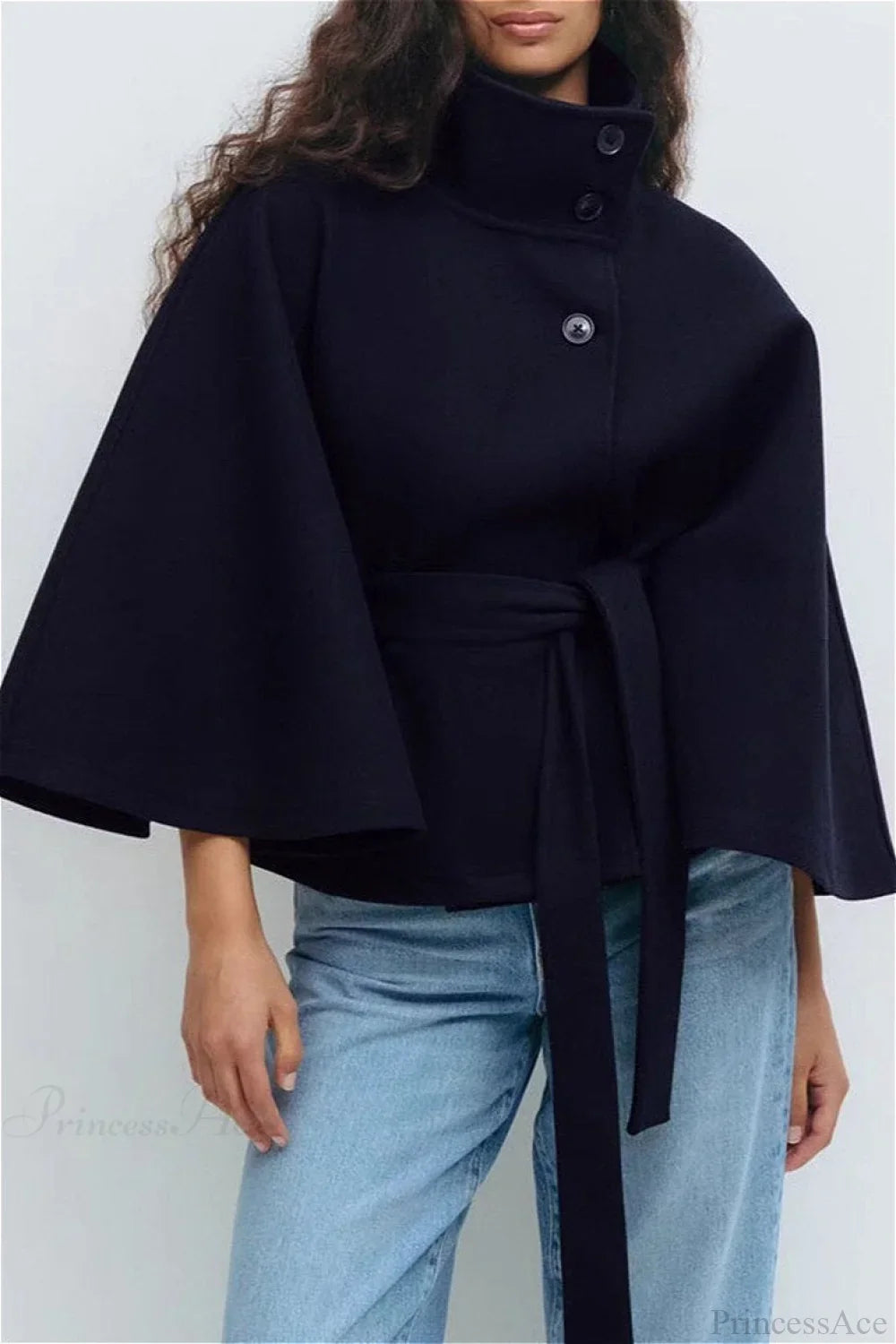 Button Up Stand Collar Cape Coat
